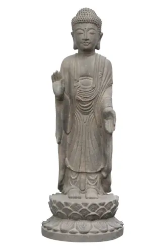 Artikelbild des Artikels “Stehender Buddha, Indien, Formstein / geschnitzt, handgefertigt & farbig. Die Höhe beträgt 60 cm. Gefärbt in der Farbe antik finish “