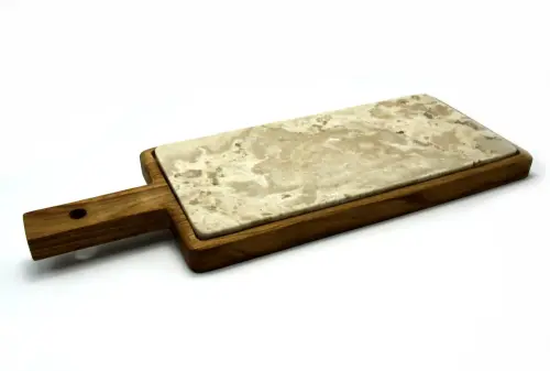 Artikelbild des Artikels “Holztablett, aus Teakholz und Marmor, 40 x 15 x 3 cm “