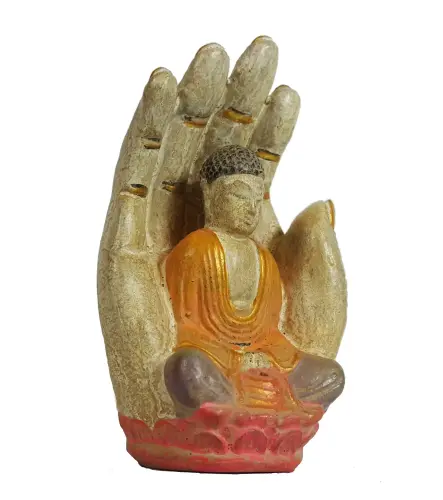 Artikelbild des Artikels “Buddha-Figur, sitzend, in Hand, Steinguss, handbemalt, ca. 15 cm “