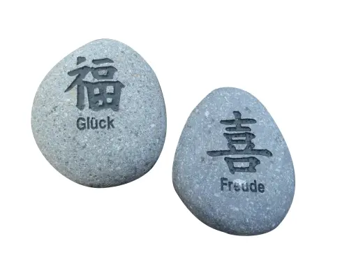 Artikelbild des Artikels “Glücksstein - 7er-Set Chinesisches Zeichen, grau/schwarz, französischer Text |Natur “