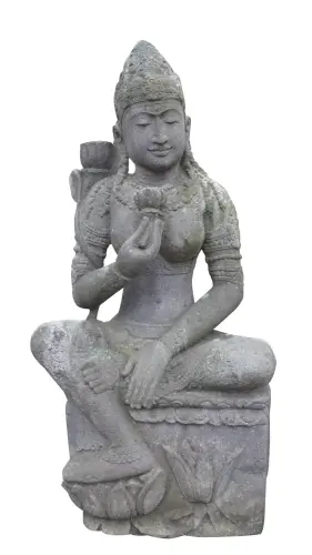 Artikelbild des Artikels “Sitzende Dewi Tara auf Sockel, ca. 90 cm H, aus rötlichem Flussstein “