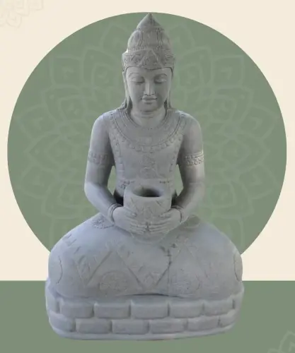 Product image of the product “Seated Buddha in Thai style made of Riverstone, Holds a vessel in his hands, H. 150cm. ”