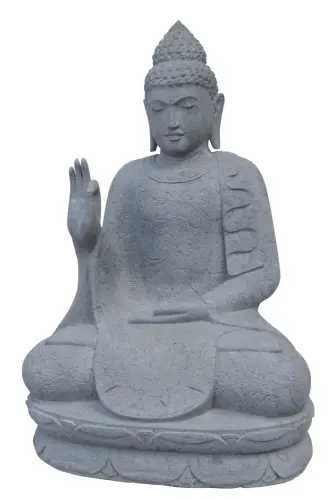 Artikelbild des Artikels “Sitzender Buddha mit floraler Schnitzerei - Abhaya-Stellung. Etwa 100cm Höhe. Naturstein (Flussstein), Steinmetzarbeiten “
