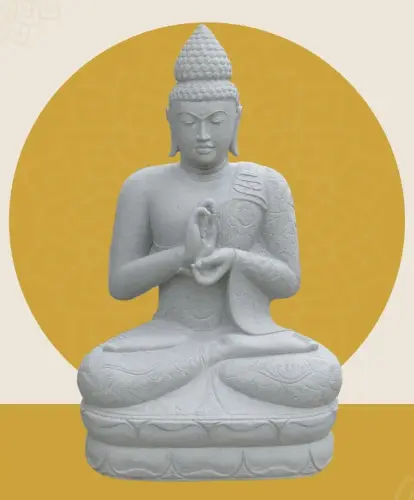 Product image of the product “Seated Buddha with floral carving -Chakra position. About 152cm height. Natural stone (river stone), stonemasonry ”