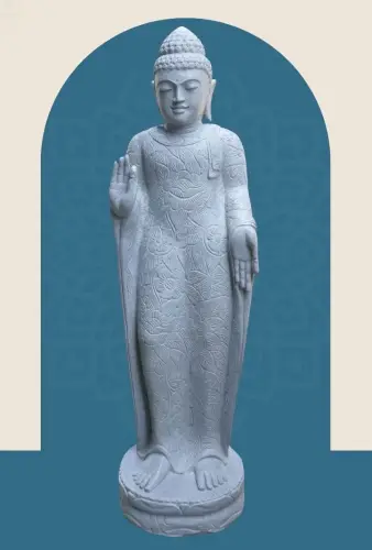 Product image of the product “Standing Buddha with floral carving, Abudaya position. 44 x 31 x 154cm. Natural stone (river stone), stonemasonry ”