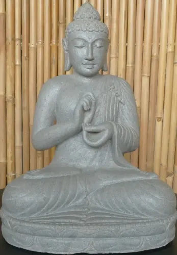 Artikelbild des Artikels “Sitzender Buddha aus Flussstein, Position Dharmachakra, H. 71cm. “