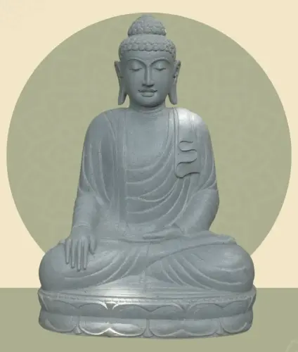 Product image of the product “Seated Buddha made of Riverstone in Bhumisparsha - gesture of touching the earth, approx. 102cm height, natural ”