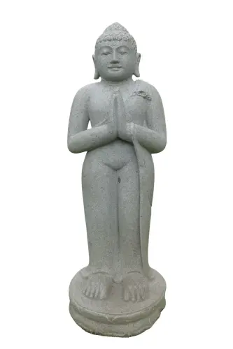 Artikelbild des Artikels “Stehender Buddha aus Flussstein, Position Namaskara, H. 87cm. “