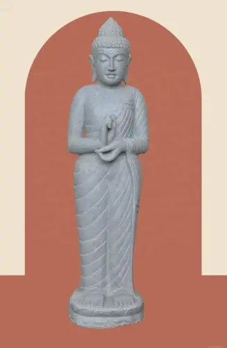 Artikelbild des Artikels “Stehender Buddha aus Flussstein in Dharmachakra-Stellung - Geste des Rades der Dharma-Lehre. Höhe ca. 126 cm “