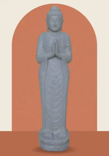Artikelbild des Artikels “Stehender Buddha aus Flussstein, Position Namaskara, H. 180cm. “