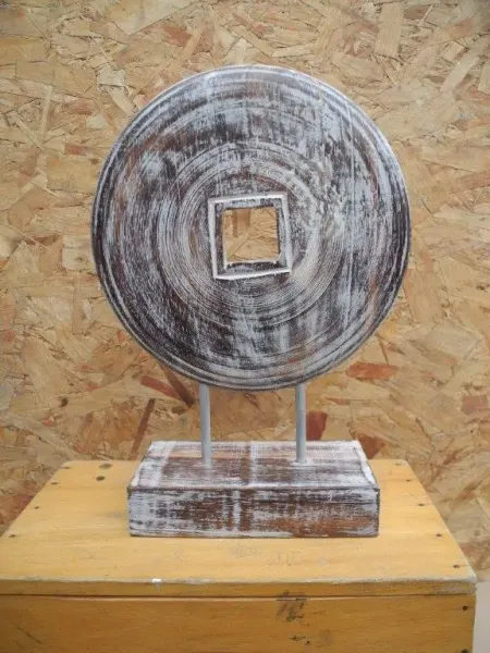 Chinese coin on wooden base. 35cm high softwood, metal stand, 24x10x35h white varnished 