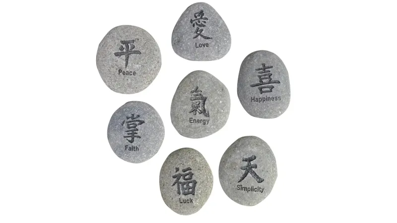 Glücksstein - 7er-Set Chinesisches Zeichen, schwarz/grau, deutscher Text |Natur 