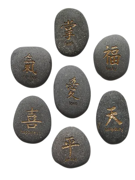 Glücksstein - 7er-Set Chinesisches Zeichen, grau / gold, deutscher Text |Natur 