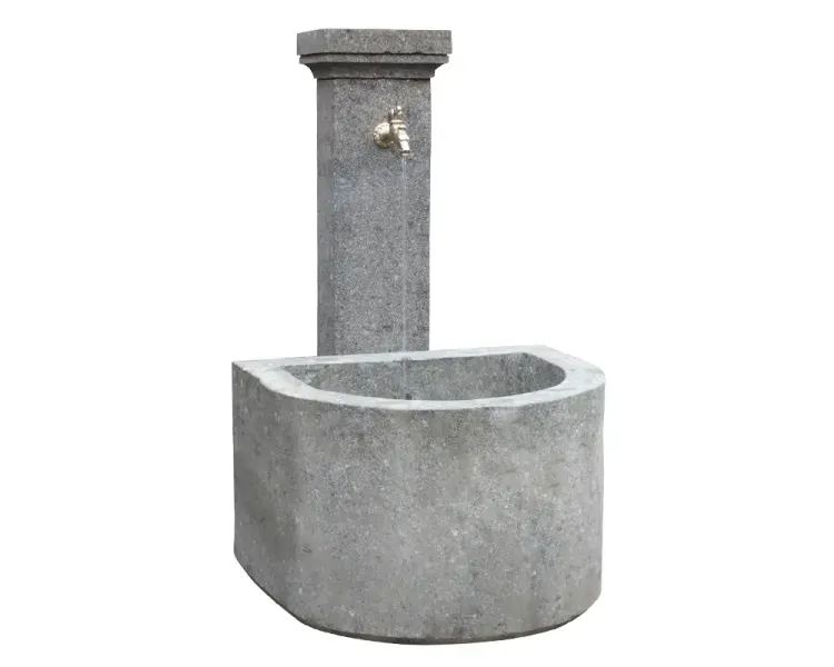 Wandbrunnen Modell Genua, 120 cm Höhe, Naturstein (Basanit), Steinmetzarbeit, inkl. Pumpe, Rohre, Wasserhahn, Bohrung. Naturstein, Grau 