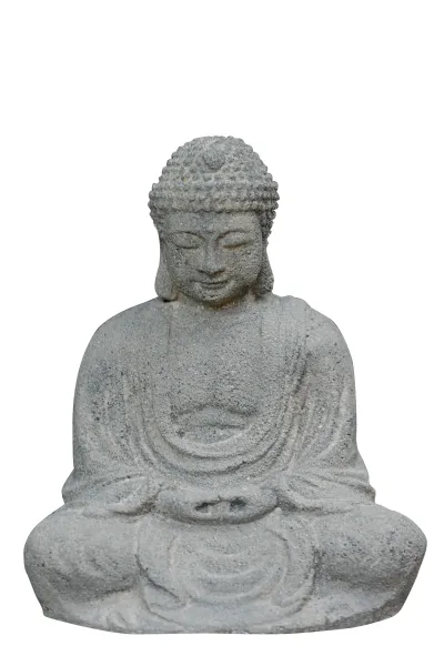 Sitzender Buddha, Japanisch, Formstein, geschnitzt, handgefertigt & farbig antikisiert 