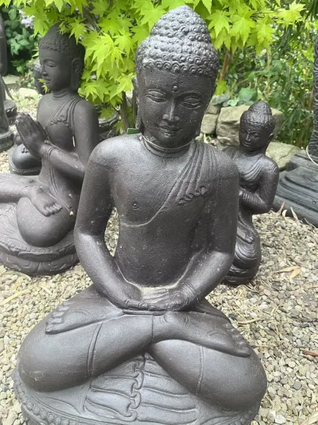 Sitting buddha, India, 60 cm height, cast stone, handcrafted & coloured 