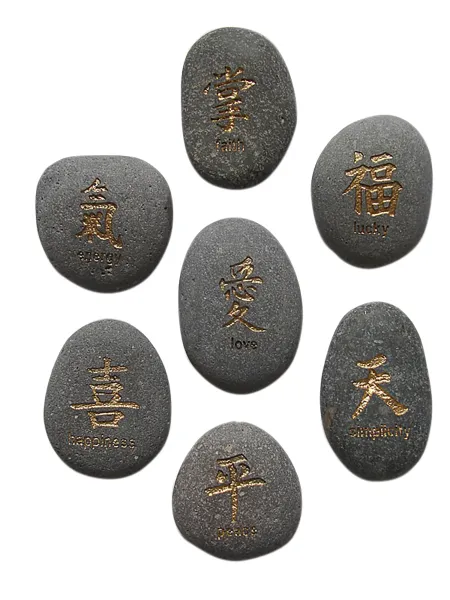 Glücksstein - 7er-Set Chinesisches Zeichen, grau/gold, französischer Text |Natur 