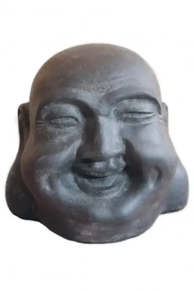 Glücklicher Buddhakopf als Wasserspiel, 40 cm hoch, Kunststein, hohl, handgefertigt & farbig. Eingefaerbt in der Farbe Antik-Finish 