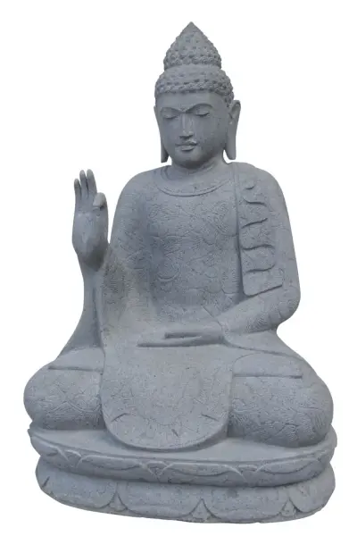 Artikelbild 1 des Artikels “Sitzender Buddha mit floraler Schnitzerei - Abhaya-Stellung. Etwa 100cm Höhe. Naturstein (Flussstein), Steinmetzarbeiten “