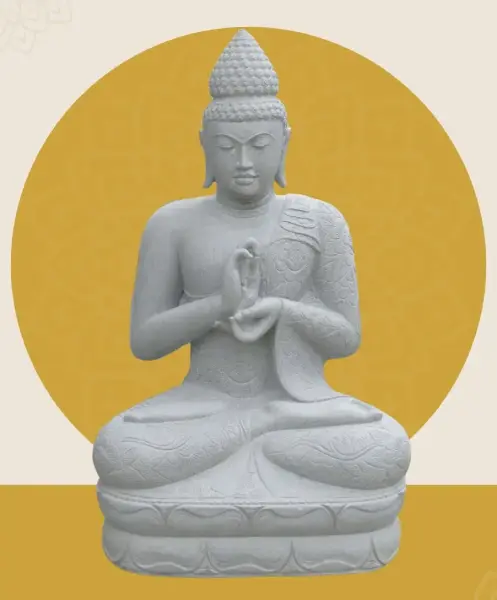 Artikelbild 1 des Artikels “Sitzender Buddha mit floraler Schnitzerei -Chakra Position. Ungefähr 152cm Höhe. Naturstein (Flussstein), Steinmetzarbeiten “