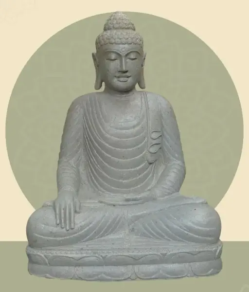 Product image 1 of the product “Seated Buddha made of Riverstone in Bhumisparsha - gesture of touching the earth, approx. 100cm height, natural ”