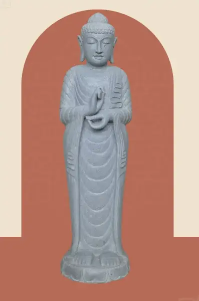 Artikelbild 1 des Artikels “Stehender Buddha aus Flussstein in Dharmachakra-Position - Geste des Rades der Dharma-Lehre. Ungefähr 122cm Höhe “
