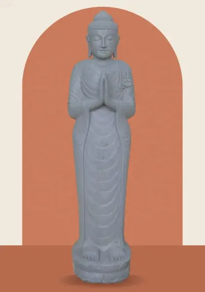 Artikelbild 1 des Artikels “Stehender Buddha aus Flussstein, Position Namaskara, H. 180cm. “