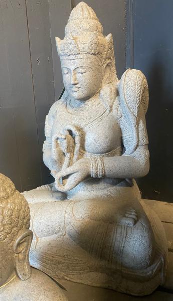 Product image 2 of the product “Seated Dewi Sri, position chakra turning the wheel, 76cm high riverstone grey, modell with sativa ”