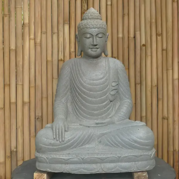 Product image 2 of the product “Seated Buddha made of Riverstone in Bhumisparsha - gesture of touching the earth, approx. 100cm height, natural ”