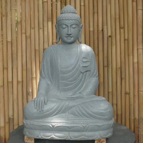 Product image 2 of the product “Seated Buddha made of Riverstone in Bhumisparsha - gesture of touching the earth, approx. 102cm height, natural ”