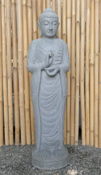 Artikelbild 2 des Artikels “Stehender Buddha aus Flussstein in Dharmachakra-Stellung - Geste des Rades der Dharma-Lehre. Ungefähr 122cm Höhe “
