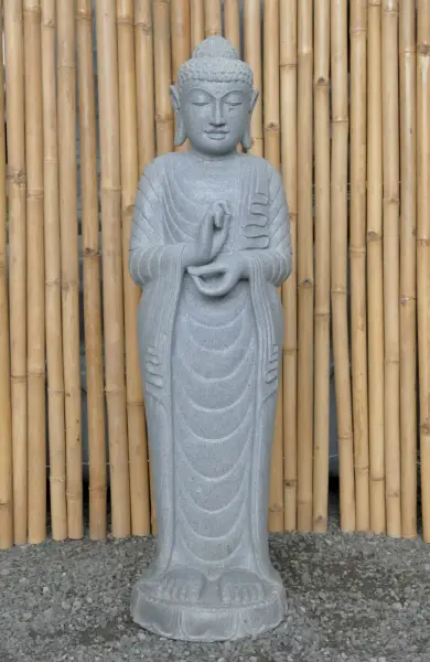 Artikelbild 2 des Artikels “Stehender Buddha aus Flussstein in Dharmachakra-Position - Geste des Rades der Dharma-Lehre. Ungefähr 122cm Höhe “