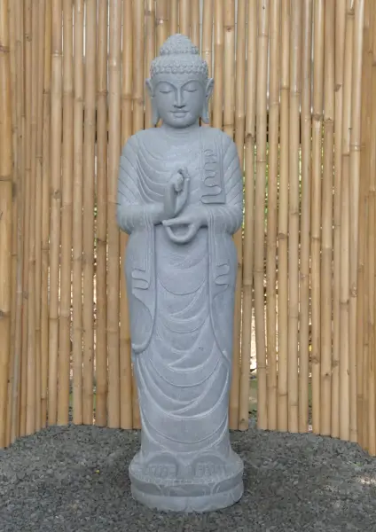 Artikelbild 2 des Artikels “Stehender Buddha aus Flussstein in Dharmachakra-Position - Geste des Rades der Dharma-Lehre. Ungefähr 151cm Höhe “