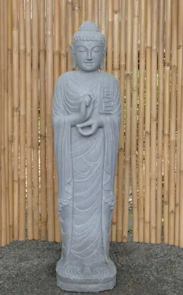 Artikelbild 2 des Artikels “Stehender Buddha aus Flussstein in Dharmachakra-Stellung - Geste des Rades der Dharma-Lehre. Etwa 152cm Höhe “