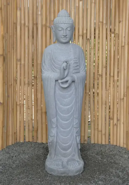 Artikelbild 2 des Artikels “Stehender Buddha aus Flussstein in Dharmachakra-Stellung - Geste des Rades der Dharma-Lehre. Ca. 143cm Höhe “