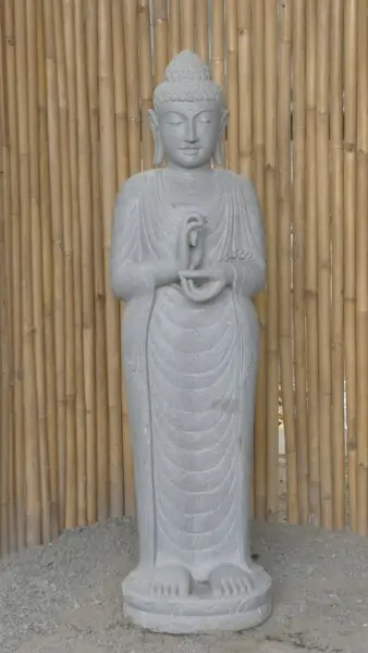 Artikelbild 2 des Artikels “Stehender Buddha aus Flussstein in Dharmachakra-Stellung - Geste des Rades der Dharma-Lehre. Ungefähr 150cm Höhe. “