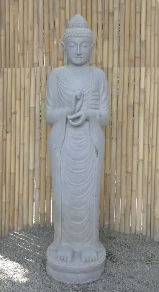 Artikelbild 2 des Artikels “Stehender Buddha aus Flussstein in Dharmachakra-Position - Geste des Rades der Dharma-Lehre. Etwa 182cm Höhe. “