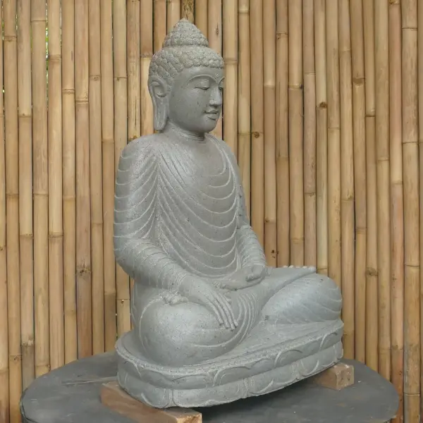 Product image 3 of the product “Seated Buddha made of Riverstone in Bhumisparsha - gesture of touching the earth, approx. 100cm height, natural ”