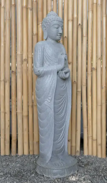 Artikelbild 3 des Artikels “Stehender Buddha aus Flussstein in Dharmachakra-Stellung - Geste des Rades der Dharma-Lehre. Ungefähr 122cm Höhe “