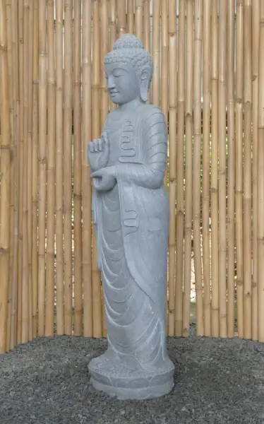 Artikelbild 3 des Artikels “Stehender Buddha aus Flussstein in Dharmachakra-Position - Geste des Rades der Dharma-Lehre. Ungefähr 151cm Höhe “