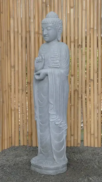 Artikelbild 3 des Artikels “Stehender Buddha aus Flussstein in Dharmachakra-Stellung - Geste des Rades der Dharma-Lehre. Etwa 152cm Höhe “
