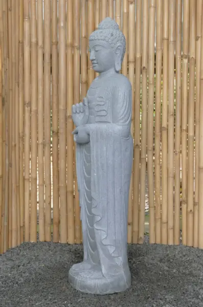 Artikelbild 3 des Artikels “Stehender Buddha aus Flussstein in Dharmachakra-Stellung - Geste des Rades der Dharma-Lehre. Ca. 143cm Höhe “
