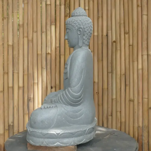 Product image 4 of the product “Seated Buddha made of Riverstone in Bhumisparsha - gesture of touching the earth, approx. 102cm height, natural ”