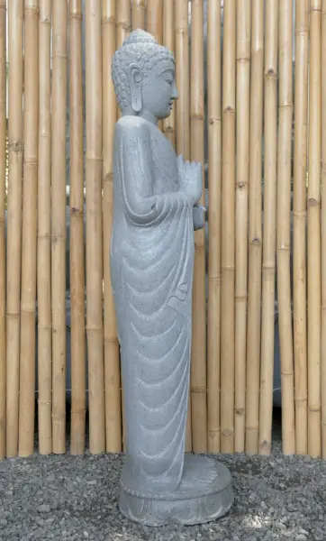 Artikelbild 4 des Artikels “Stehender Buddha aus Flussstein in Dharmachakra-Stellung - Geste des Rades der Dharma-Lehre. Ungefähr 122cm Höhe “