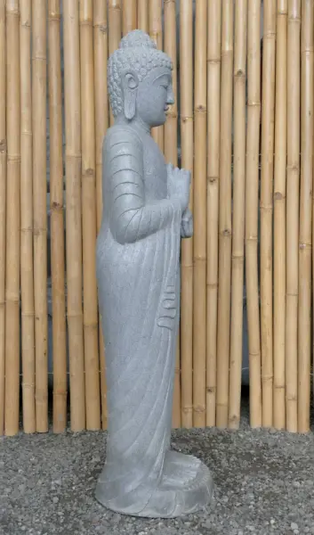 Artikelbild 4 des Artikels “Stehender Buddha aus Flussstein in Dharmachakra-Position - Geste des Rades der Dharma-Lehre. Ungefähr 122cm Höhe “
