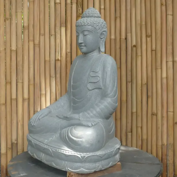 Product image 5 of the product “Seated Buddha made of Riverstone in Bhumisparsha - gesture of touching the earth, approx. 102cm height, natural ”