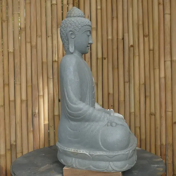Product image 6 of the product “Seated Buddha made of Riverstone in Bhumisparsha - gesture of touching the earth, approx. 102cm height, natural ”