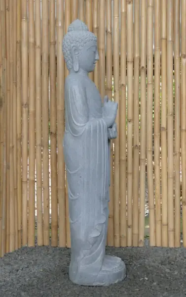 Artikelbild 6 des Artikels “Stehender Buddha aus Flussstein in Dharmachakra-Stellung - Geste des Rades der Dharma-Lehre. Ca. 143cm Höhe “