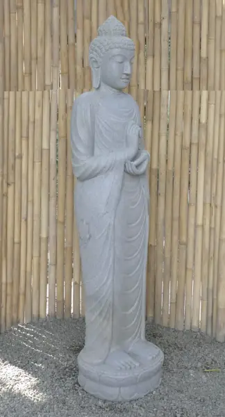Artikelbild 6 des Artikels “Stehender Buddha aus Flussstein in Dharmachakra-Position - Geste des Rades der Dharma-Lehre. Etwa 182cm Höhe. “