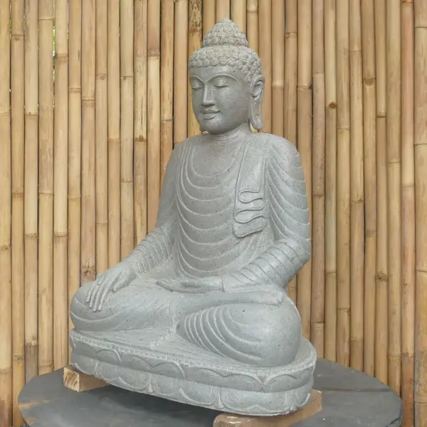 Product image 7 of the product “Seated Buddha made of Riverstone in Bhumisparsha - gesture of touching the earth, approx. 100cm height, natural ”